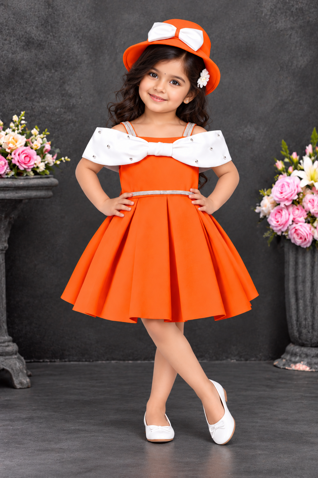 Orange girls party dress with white embellished off-shoulder bow and pleated skirt