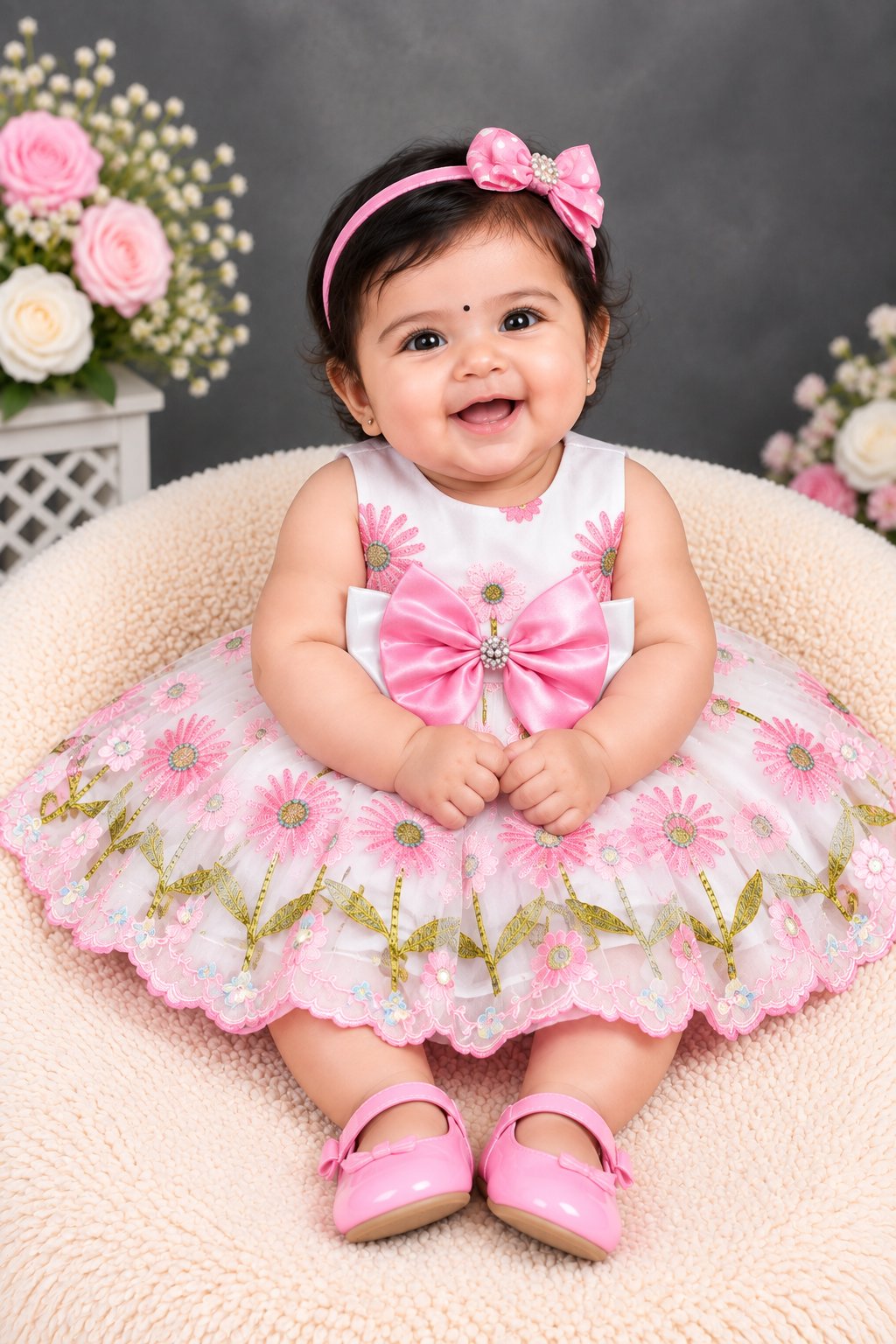 Girls white and hot pink floral party dress with oversized bow, matching hat and shoes