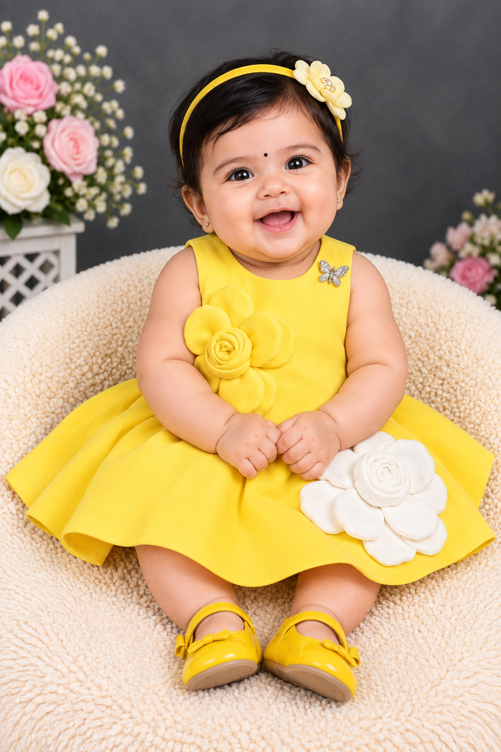 Girls sunshine yellow A-line dress with 3D flower appliqués, matching hat and shoes