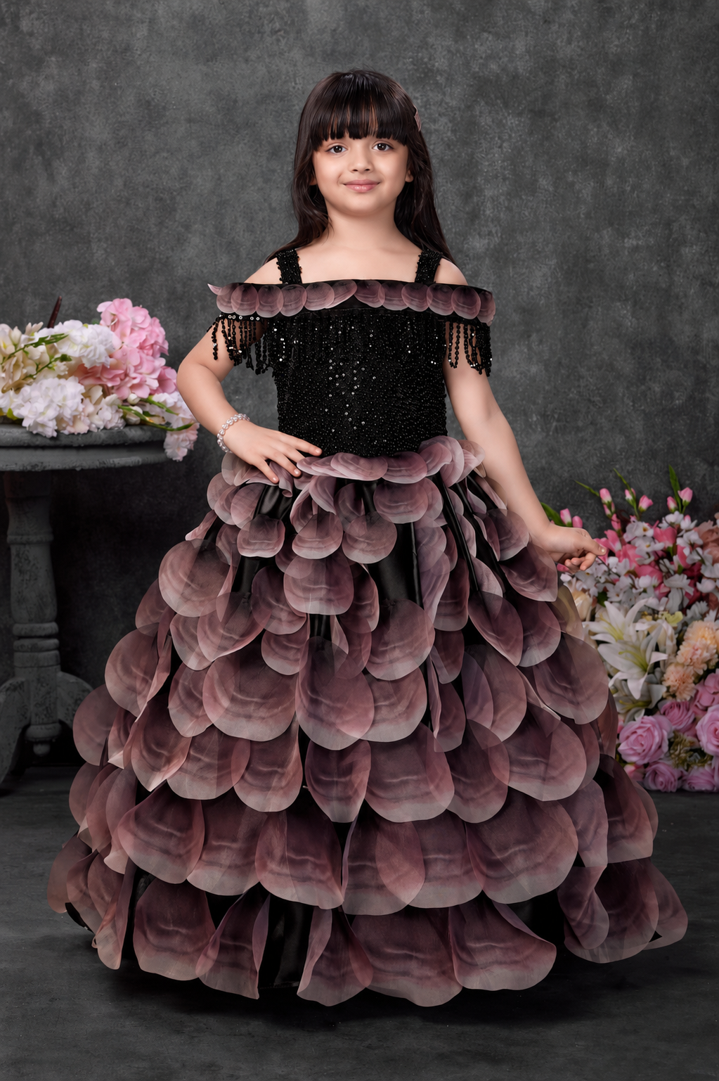 Midnight Mauve Petal Layered Party Gown for Girls