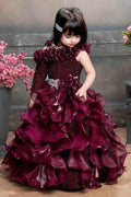 Wine burgundy applique party wear gown for girls – front view