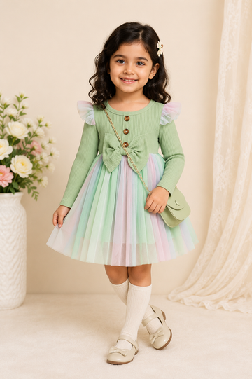 Pastel Mint Ribbed Knit Baby Girl Dress – Long Sleeve Bodice with Multicolor Tulle Dress