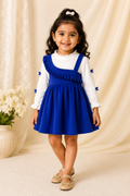 Royal blue layered baby girl dress with white full-sleeve ruffled top