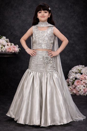 Silver Grace Embroidered Lehenga Set for Girls with Satin Skirt & Dupatta – Premium Birthday&Wedding Wear-luxury kids dresses
