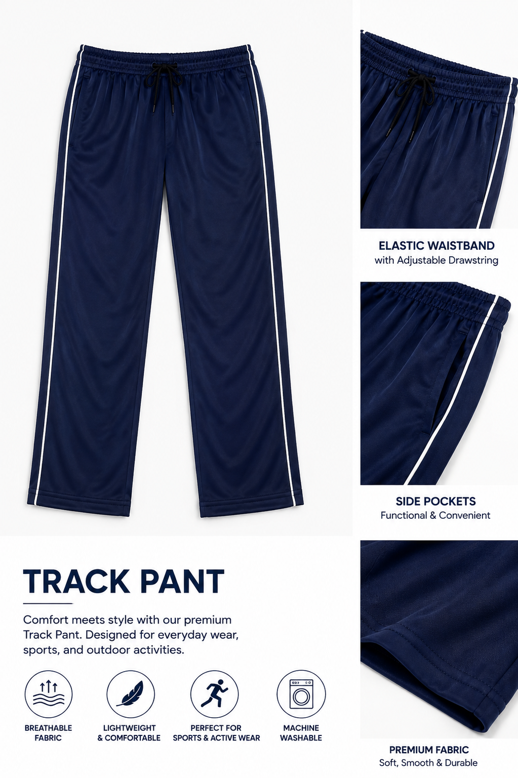 Navy blue kids sports track pant with white side piping