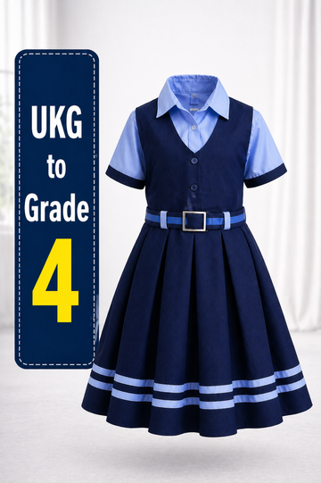 Navy blue pinafore and trouser school uniform fabric