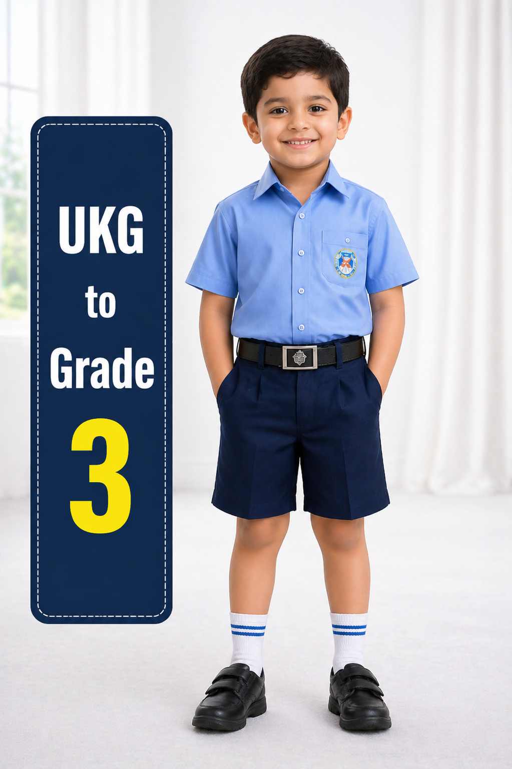 Navy blue pinafore and trouser school uniform fabric – additional view