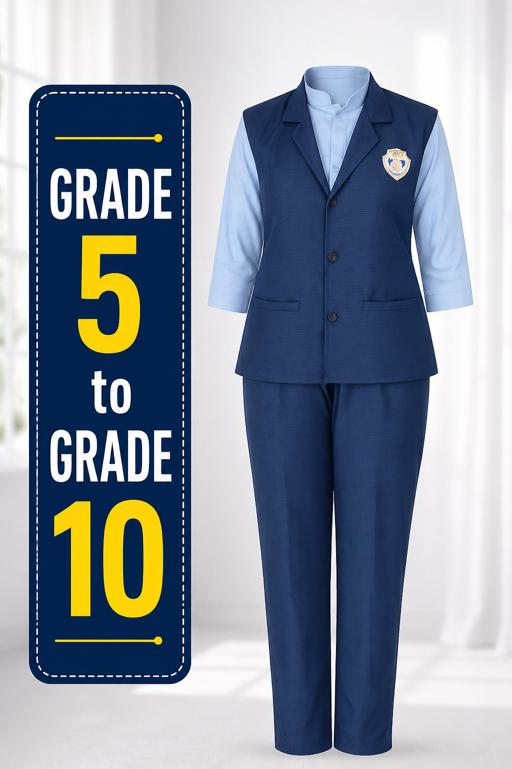 Navy blue pinafore and trouser school uniform fabric – additional view