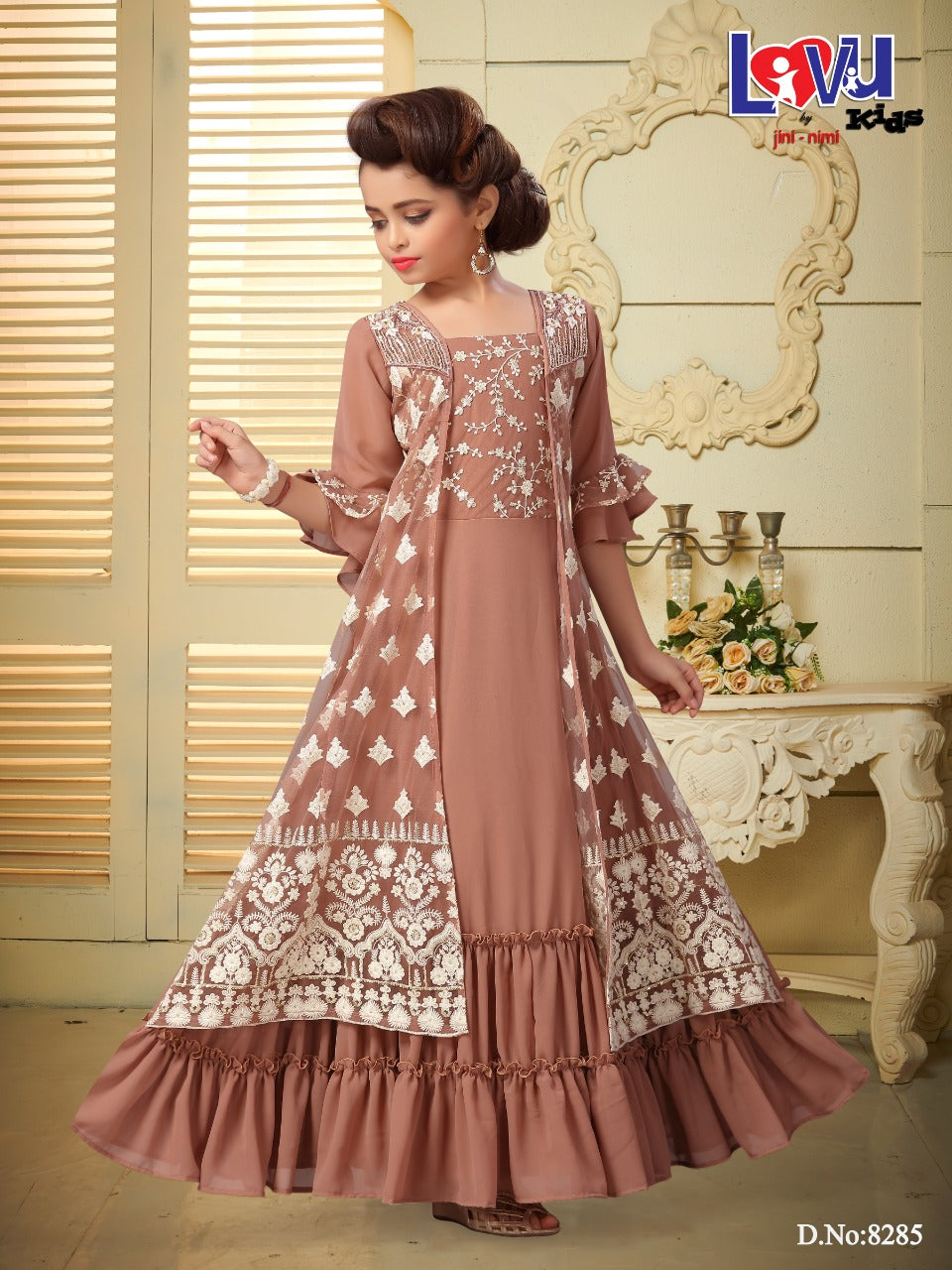 Stylish Dusty Rose Ethnic Gown for Girls with White Thread Embroidery and Layered Ruffle Hem - Inayah Fashion