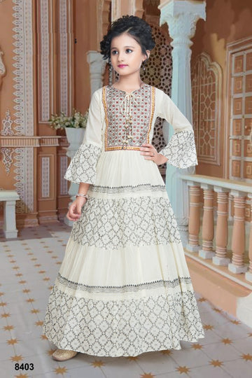 Ivory ethnic party gown for girls with delicate embroidery
