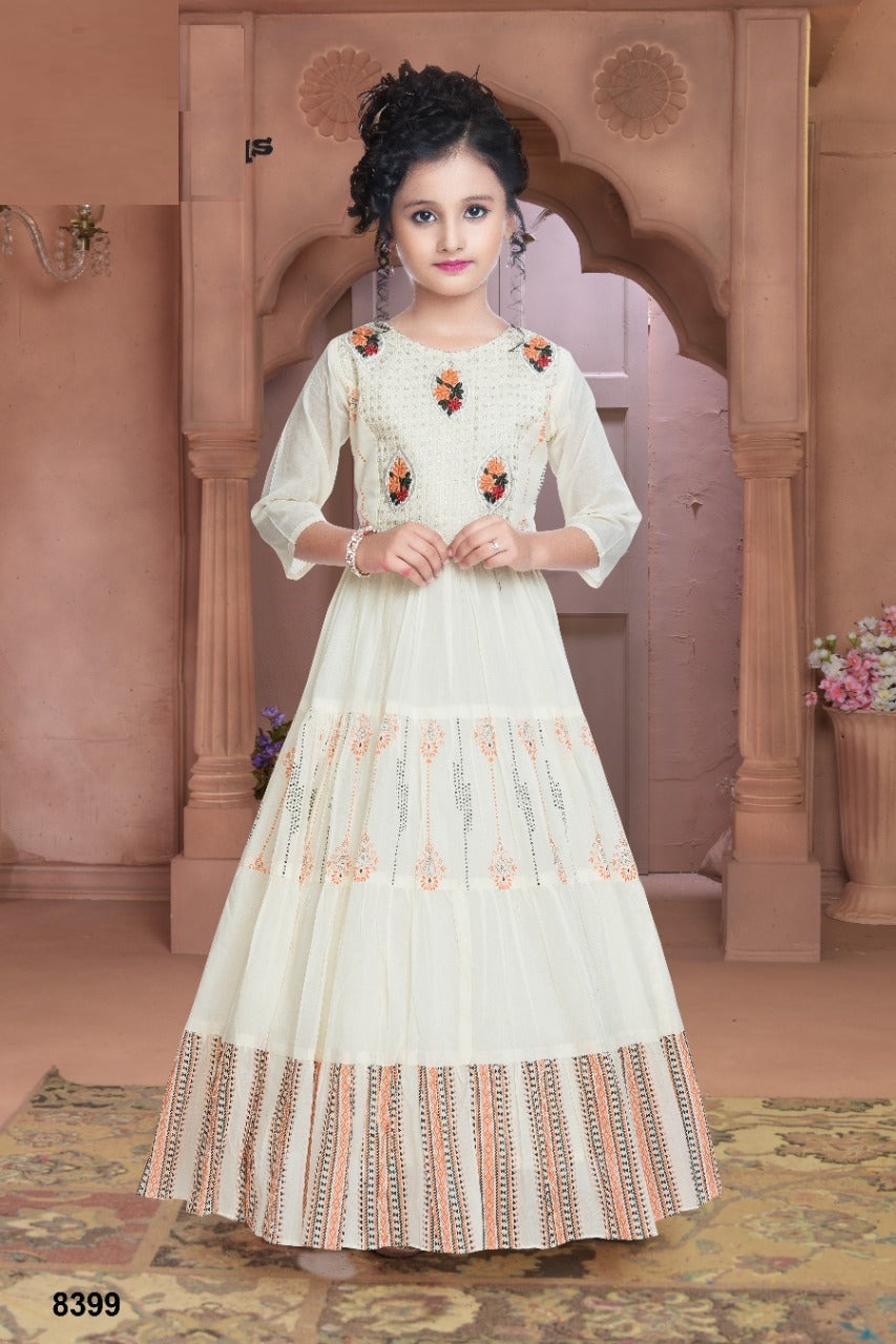 Off-white ethnic party gown for girls with embroidered bodice and printed hem