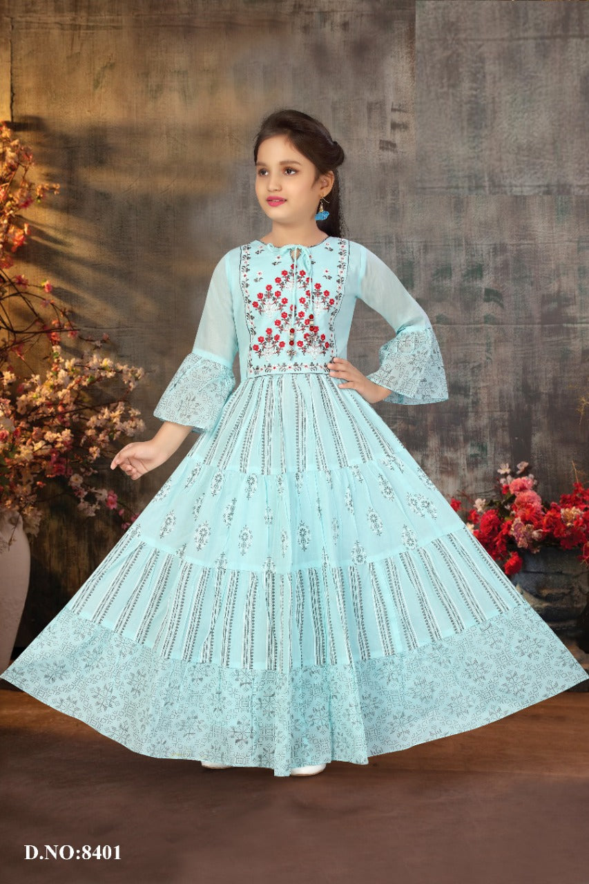 Sky Blue Floor-Length Gown for Girls with Red Floral Embroidery – Elegant Party & Festive Wear - Inayah Fashion