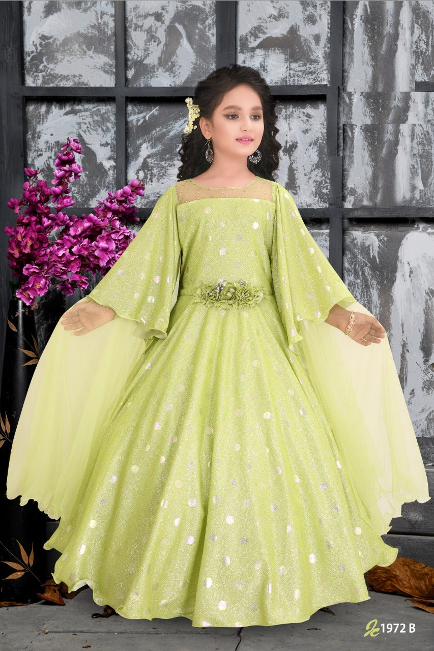 Light Green Designer Gown for Girls with Cape Sleeves & Floral Waist – Premium Partywear - Inayah Fashion
