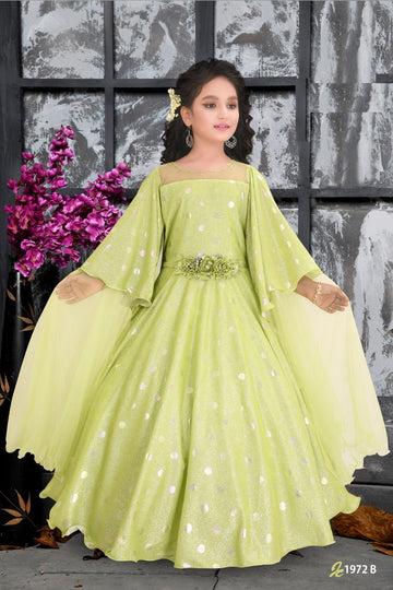 Light Green Designer Gown for Girls with Cape Sleeves & Floral Waist – Premium Partywear - Inayah Fashion