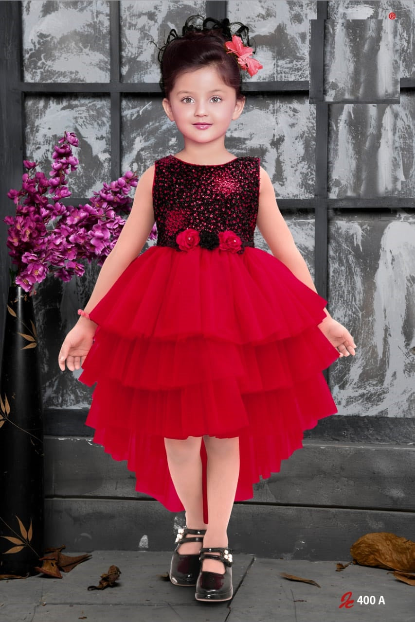 Red Layered Ruffle Party Dress with Black Sequin Bodice for Girls - Inayah Fashion