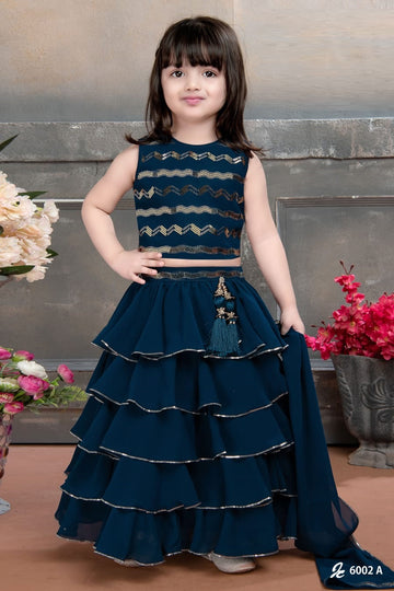 Girls navy blue layered lehenga choli set with golden accents