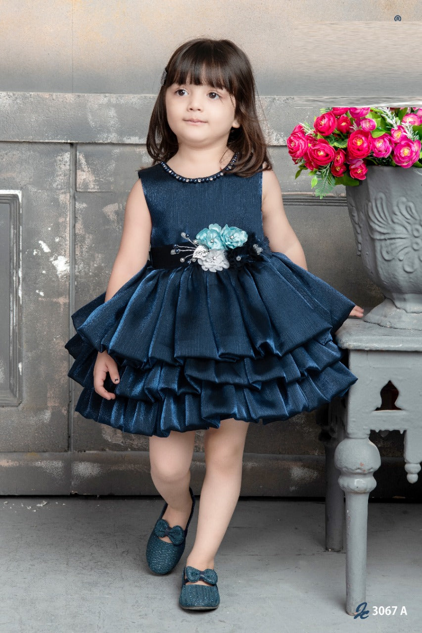 Navy Blue Layered Party Frock with Floral Belt for Girls – Elegant & Stylish - Inayah Fashion