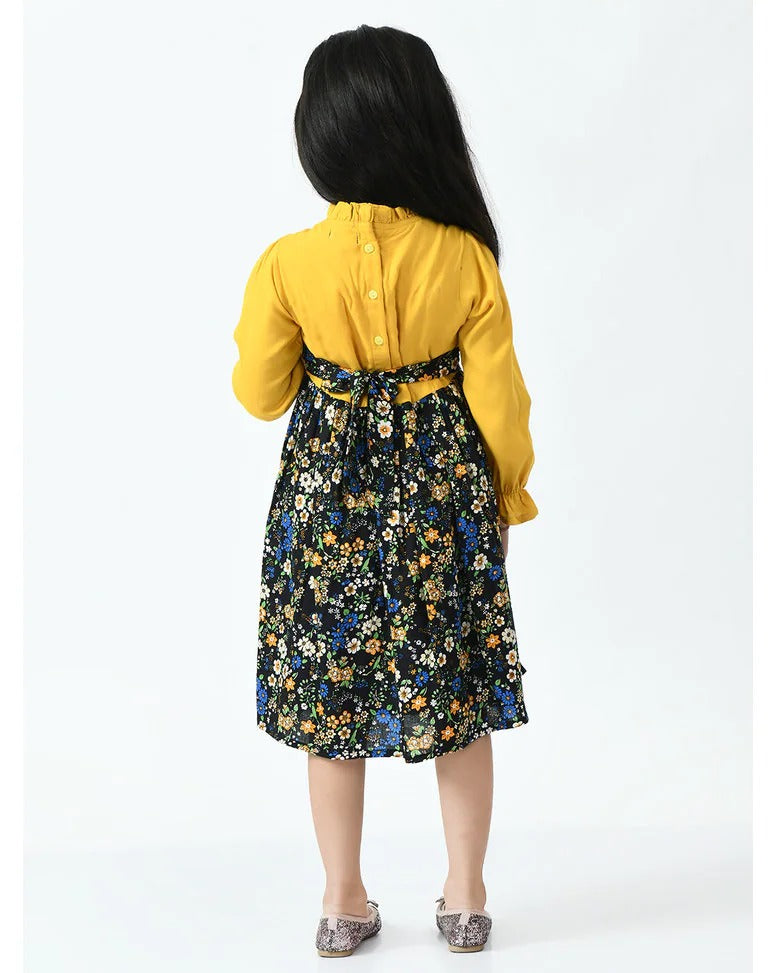 Girls yellow and black floral long-sleeve casual frock – additional view