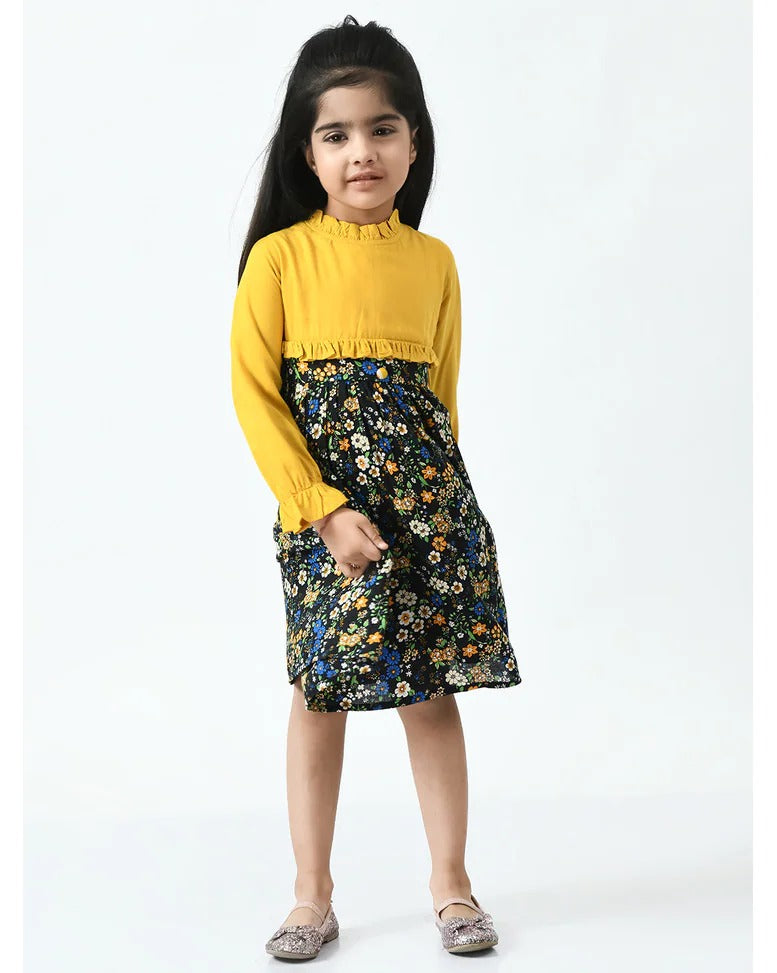 Girls yellow and black floral long-sleeve casual frock – additional view