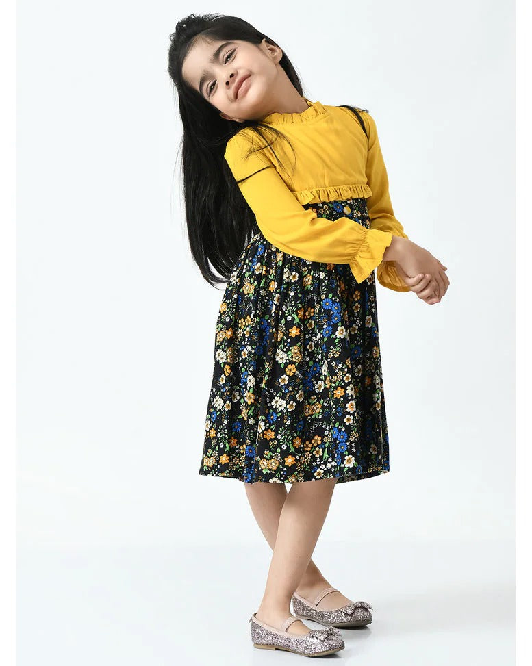 Girls yellow and black floral long-sleeve casual frock – additional view