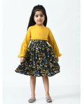 Girls yellow and black floral long-sleeve casual frock