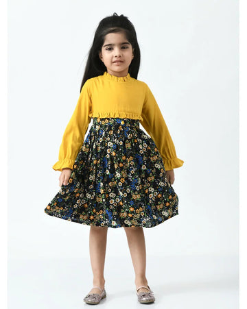 Girls yellow and black floral long-sleeve casual frock
