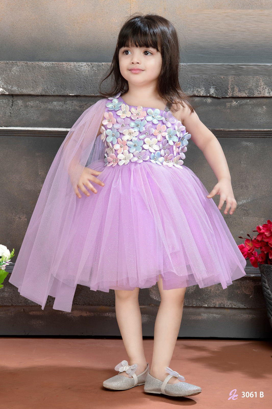 Lilac one-shoulder 3D floral tulle party dress for girls