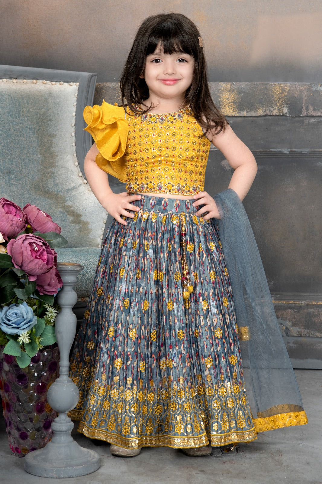 Girls yellow and blue floral ethnic lehenga choli set with dupatta