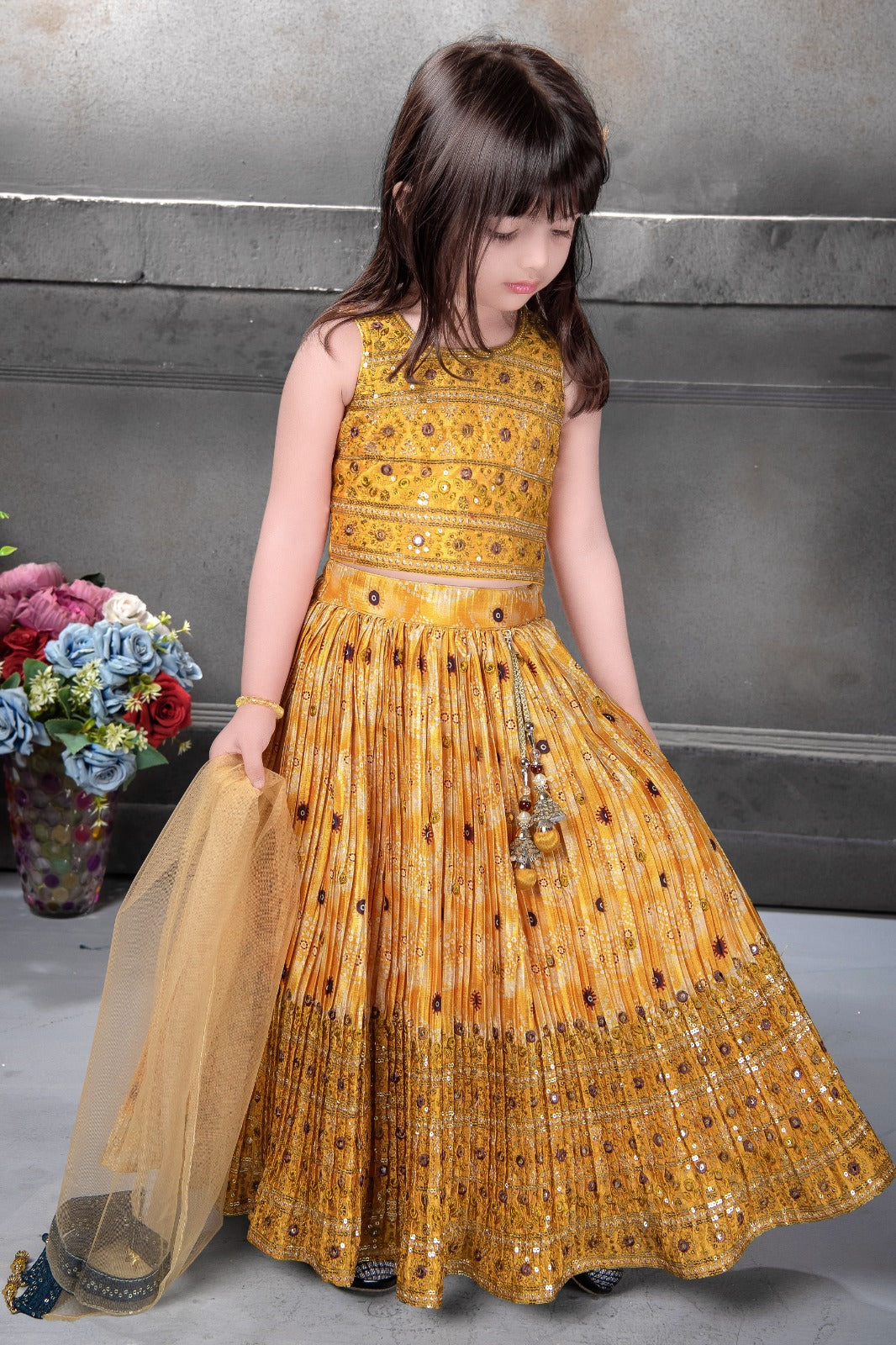Amber Golden Printed And Sequin Work Lehenga Choli - Inayah Fashion