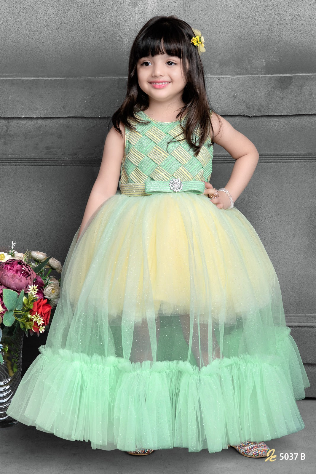Mint Green and Yellow Party Gown for Girls with Sparkle Tulle & Designer Bodice - Inayah Fashion