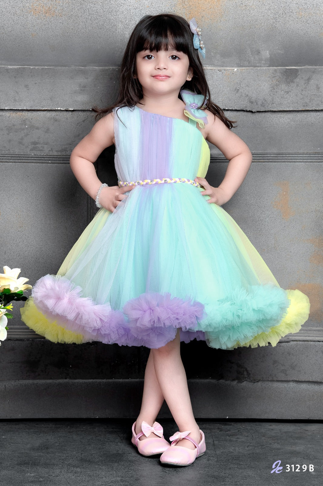 Pastel Rainbow Tutu Dress for Girls with Floral Belt & Ruffle Hem - Inayah Fashion