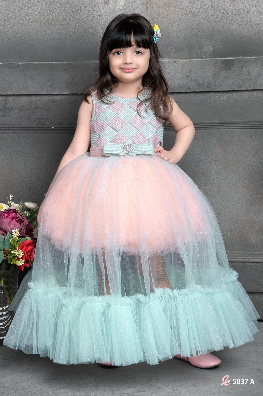 Pastel Peach & Mint Green Layered Gown for Girls with Bow Waist - Inayah Fashion