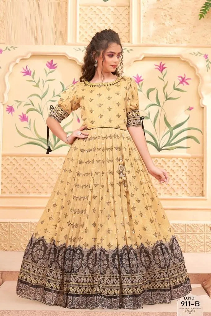 Elegant Mustard Printed Anarkali Gown with Black Border for Women - Inayah Fashion