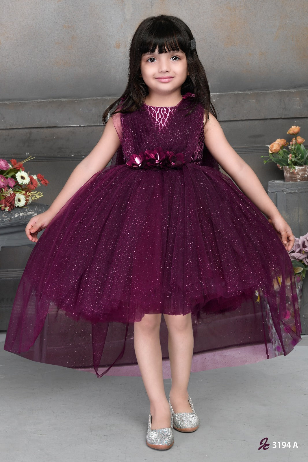 Elegant Wine Color High-Low Princess Party Dress with Sparkling Tulle Layers and Floral Waist Detail for Girls - Inayah Fashion