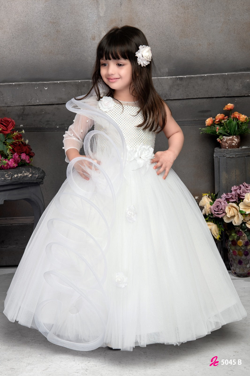 White Princess Gown for Girls – One-Shoulder Net Party Dress with Floral Detailing - Inayah Fashion