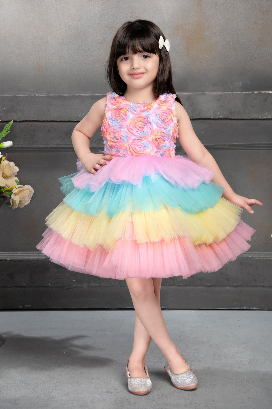 Rainbow Layered Tulle Dress with Rosette Bodice for Girls - Inayah Fashion