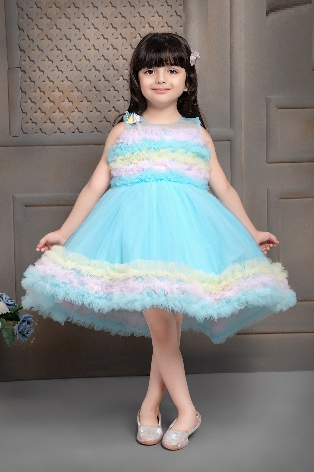 Pastel Aqua Rainbow Ruffle Net Party Frock for Girls - Inayah Fashion