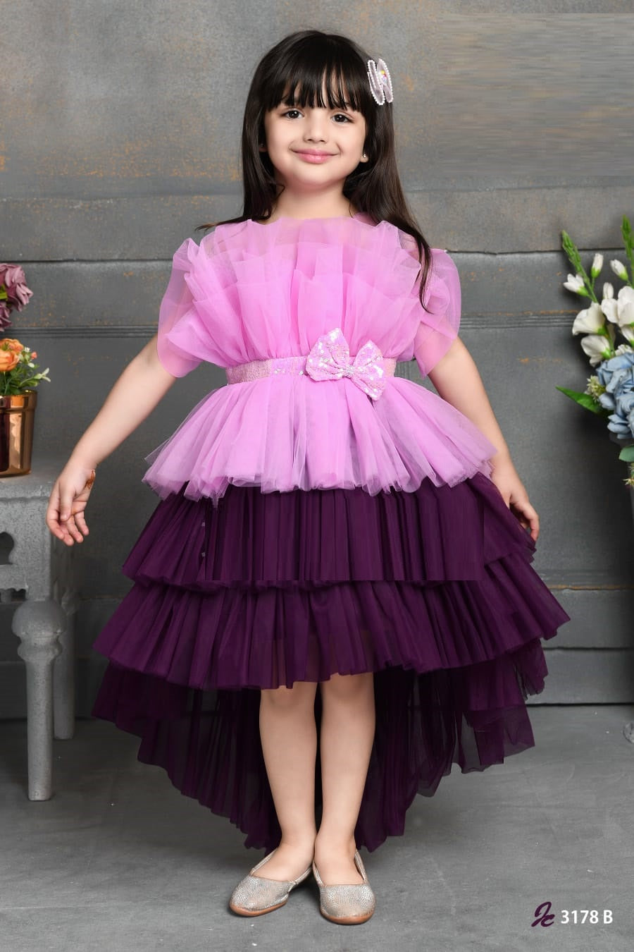 Elegant Party Occassion Multi Colour Layered Dual Tone Tulle Layered Gown - Inayah Fashion