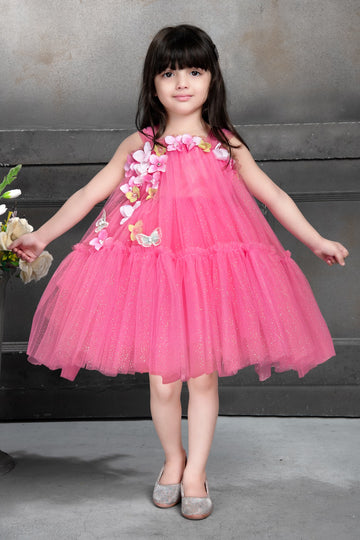 Pink Floral Net Frock – Fairy Tale-Inspired Dress for Girls - Inayah Fashion