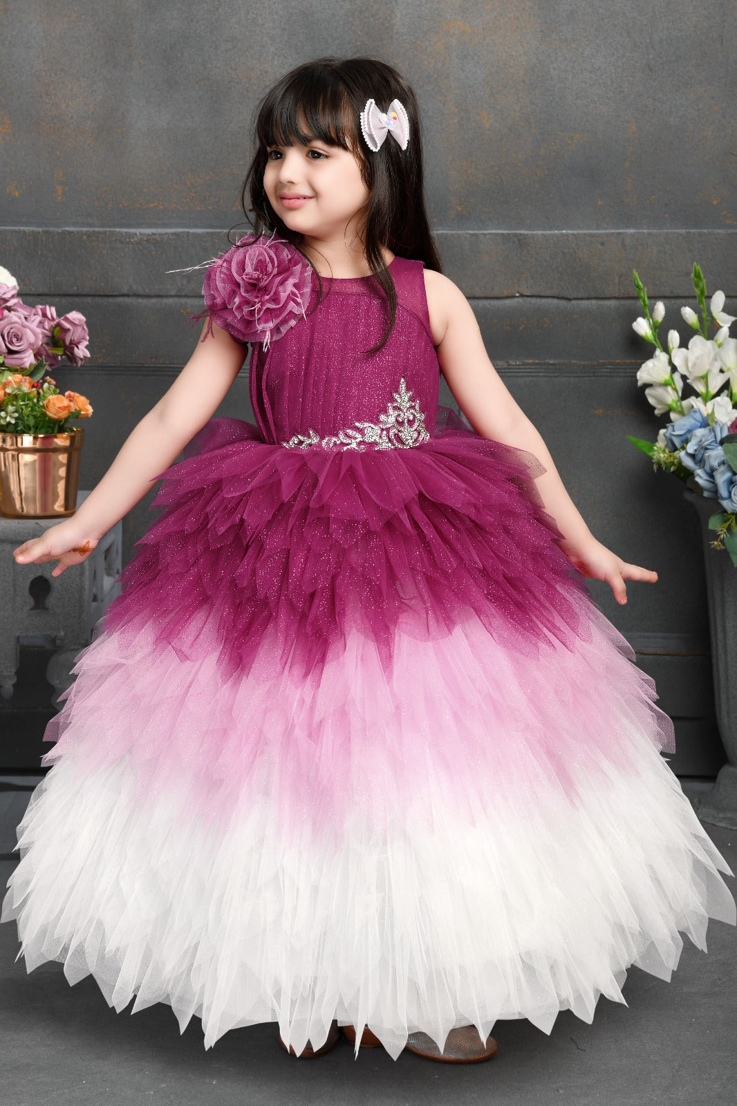 Radiant Ombre Flower Gown Layered Ombre Feather Gown - Inayah Fashion