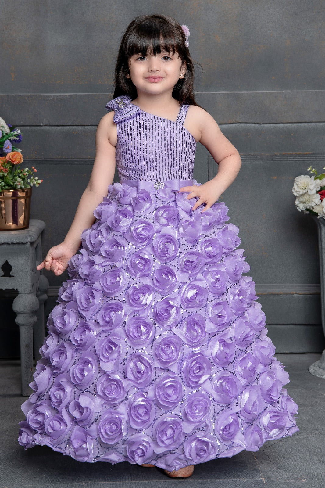 Lavender Rose Ball Gown for Girls with 3D Floral Skirt - Inayah Fashion
