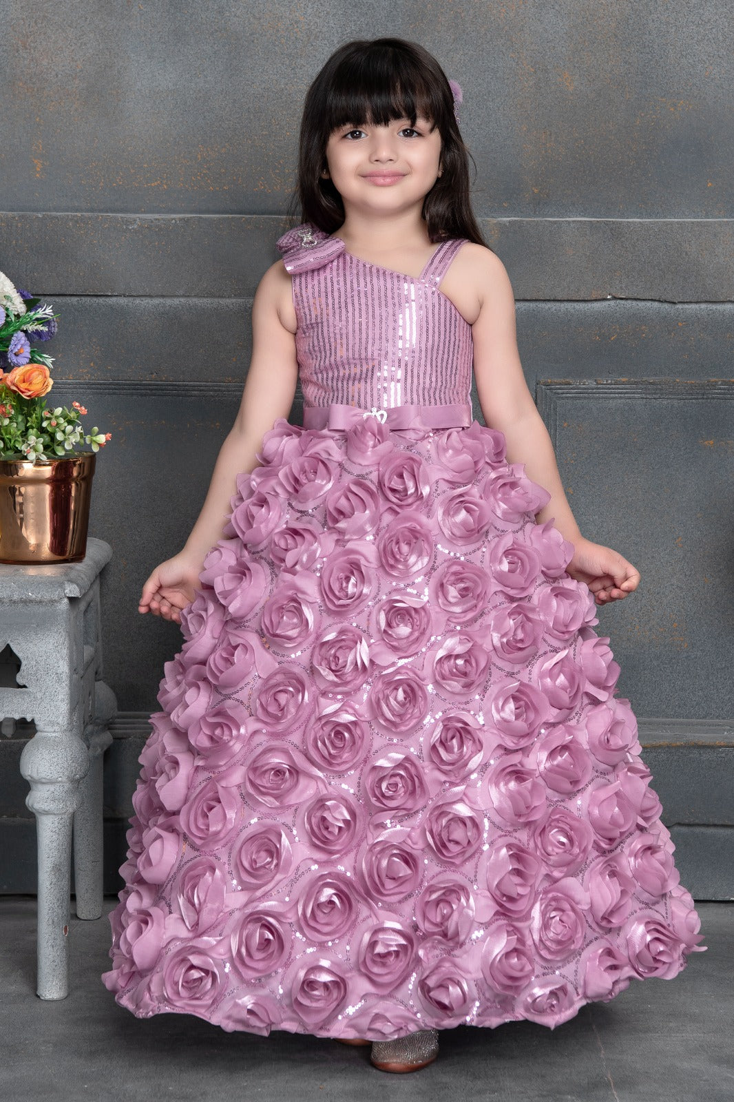 Girls Pink Rose Gown – 3D Floral Party Dress with Sequin One-Shoulder Bodice - Inayah Fashion