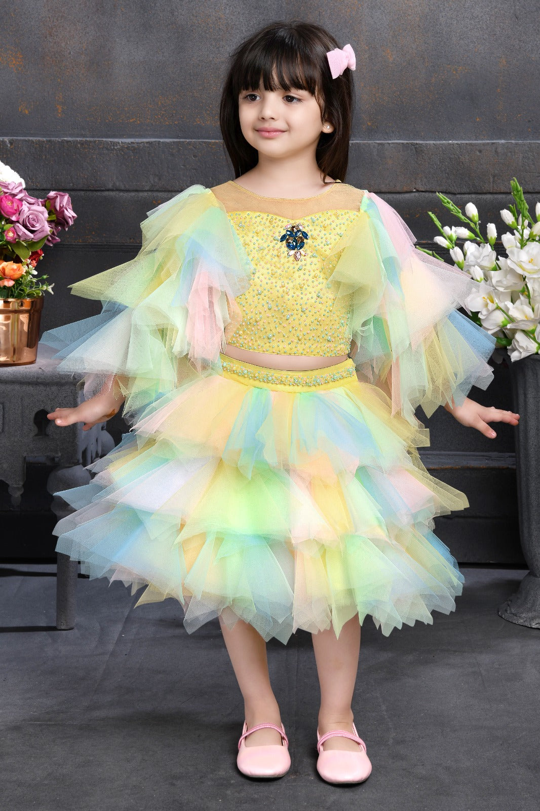Multicolor ruffled tulle party gown for girls with sequin bodice and butterfly brooch