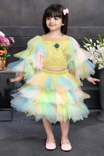 Multicolor ruffled tulle party gown for girls with sequin bodice and butterfly brooch