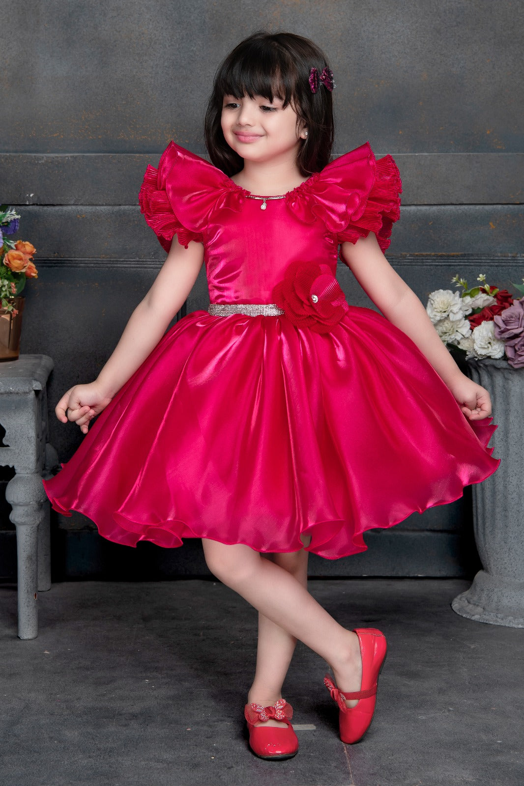 Enchanted Rani Pink Princess Elegant Multi Layered Party wear Applique Sleeve Party Dress - Inayah Fashion