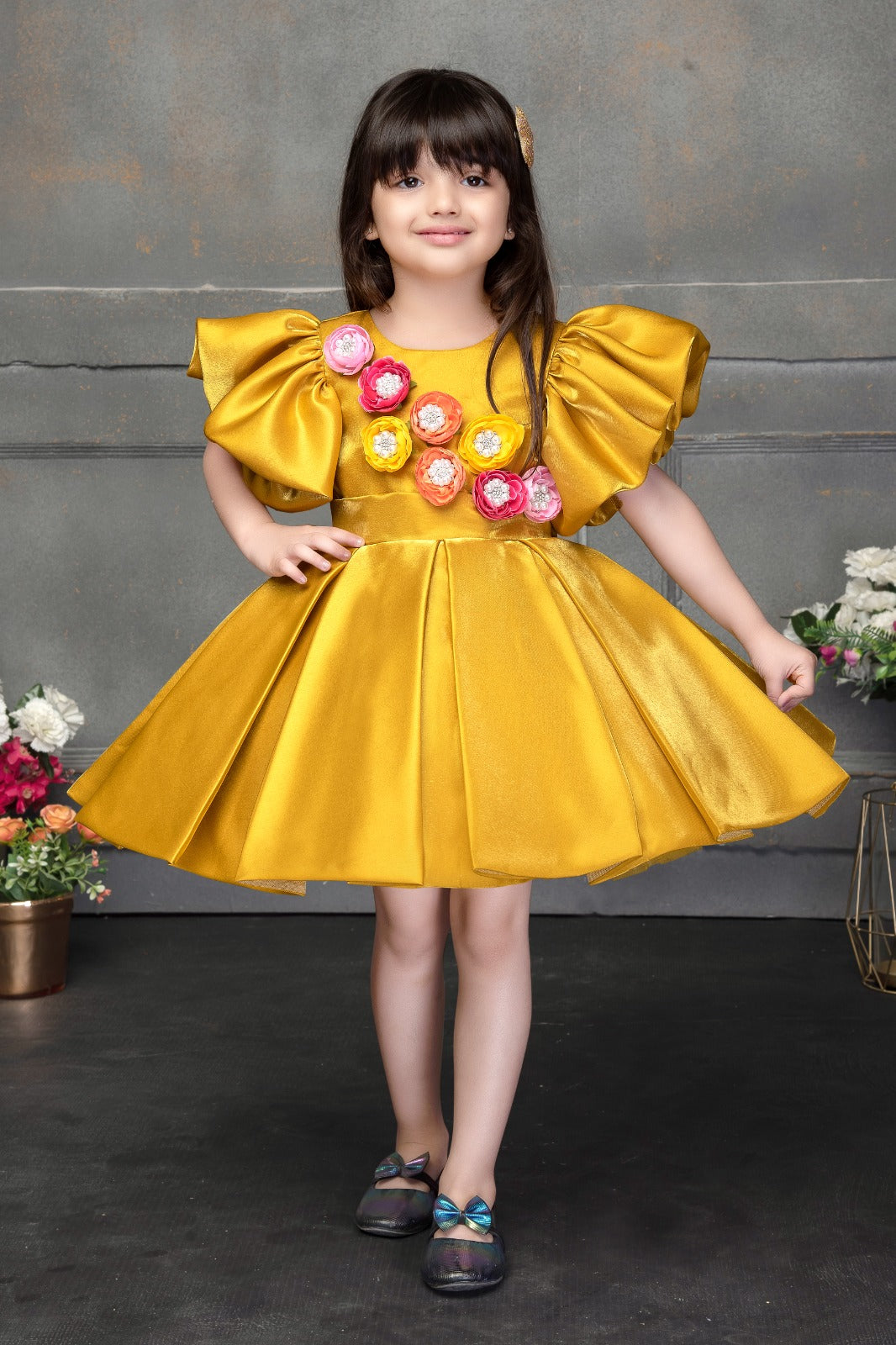 Rosette Radiance Elegant Multi Layered Party wear Applique Sleeve Party Dress - Inayah Fashion