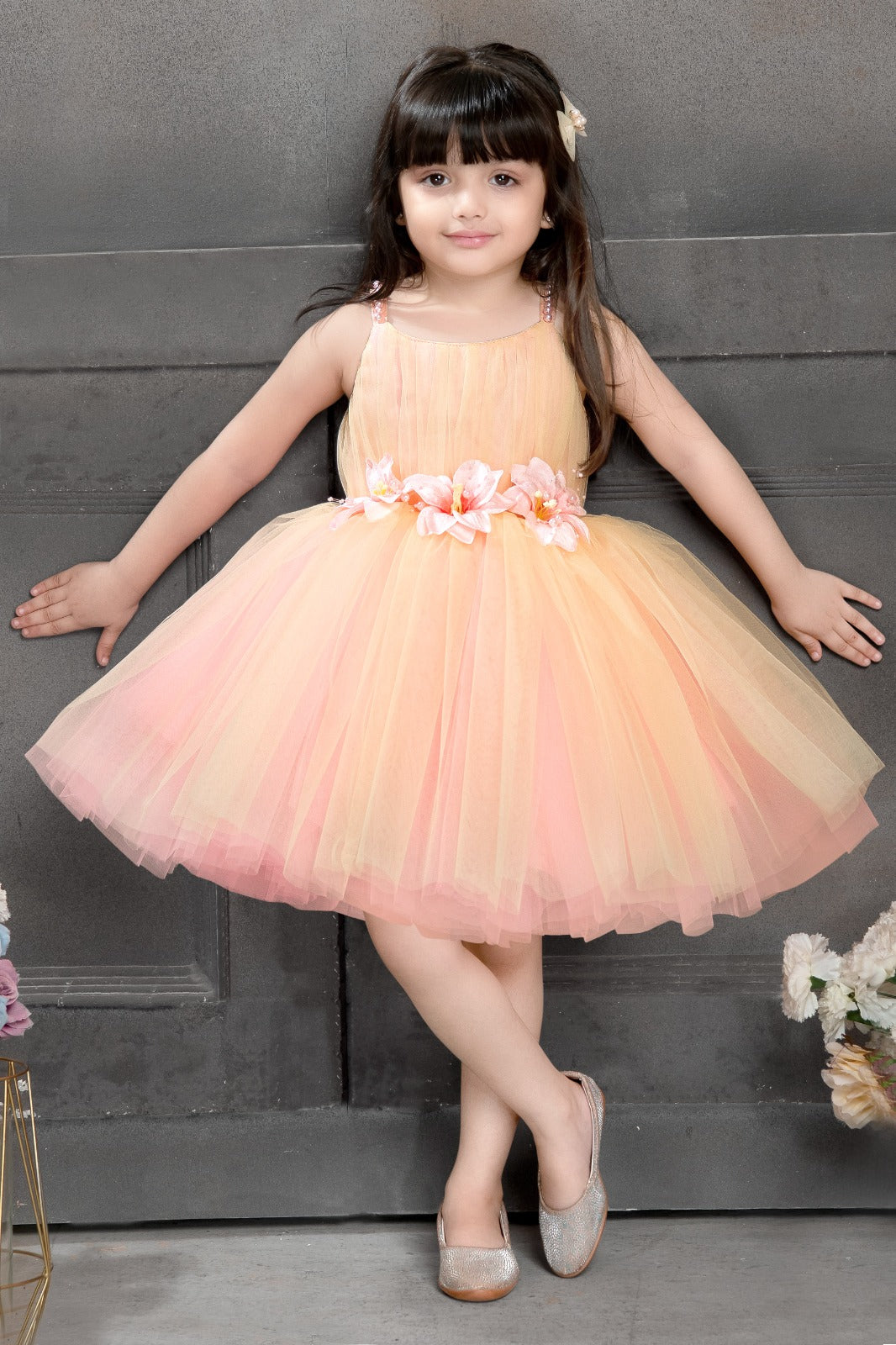 Peach and Yellow Ombre Tulle Party Dress for Girls with Floral Waist - Inayah Fashion