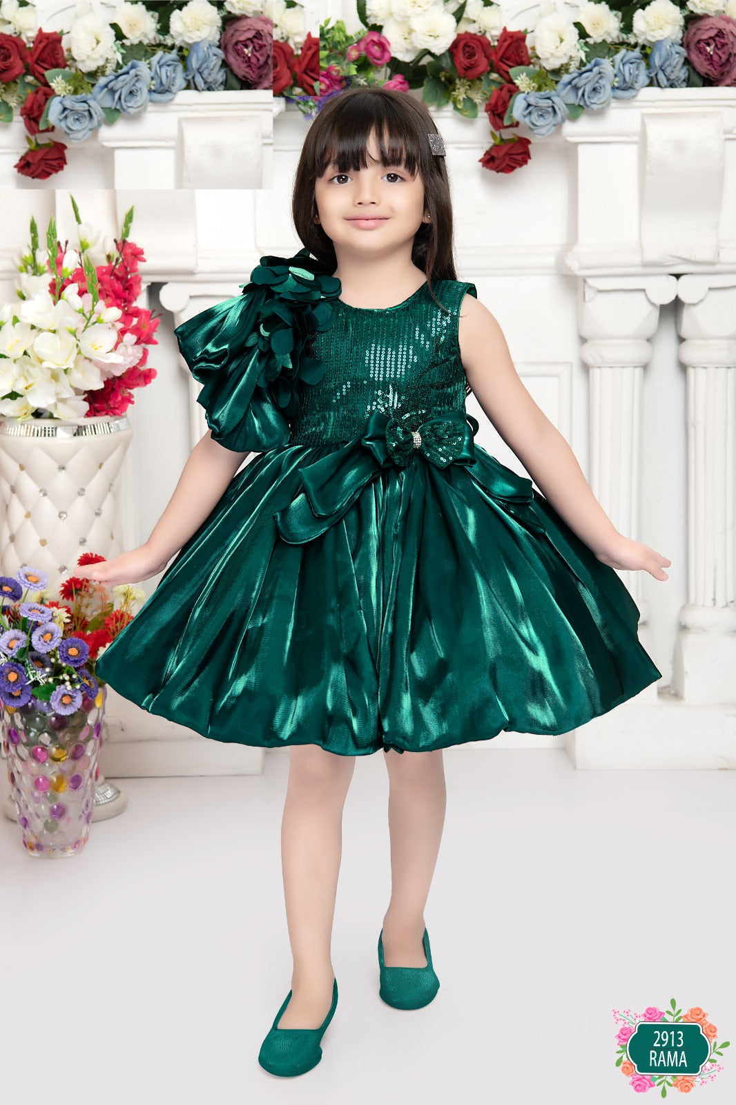 Emerald Bloom Sequin Party Dress with 3D Floral Shoulder and Bow Accent - Inayah Fashion