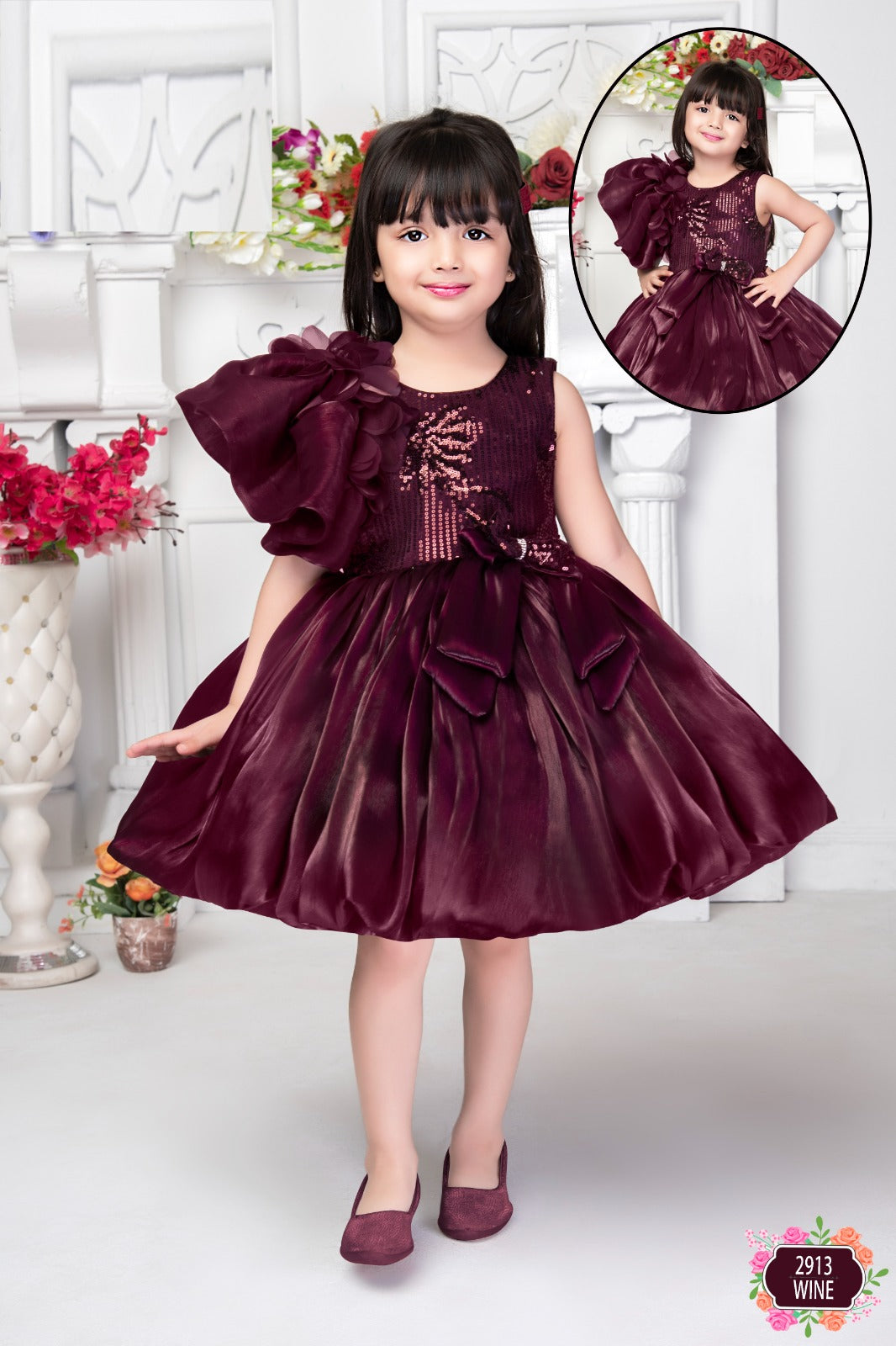Wine Designer Sequin Party Frock for Girls with Dramatic Shoulder Flower - Inayah Fashion