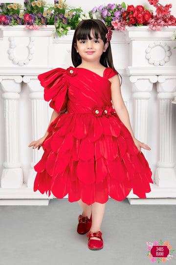 Rani red petal-layered one-shoulder party gown for girls with floral accents
